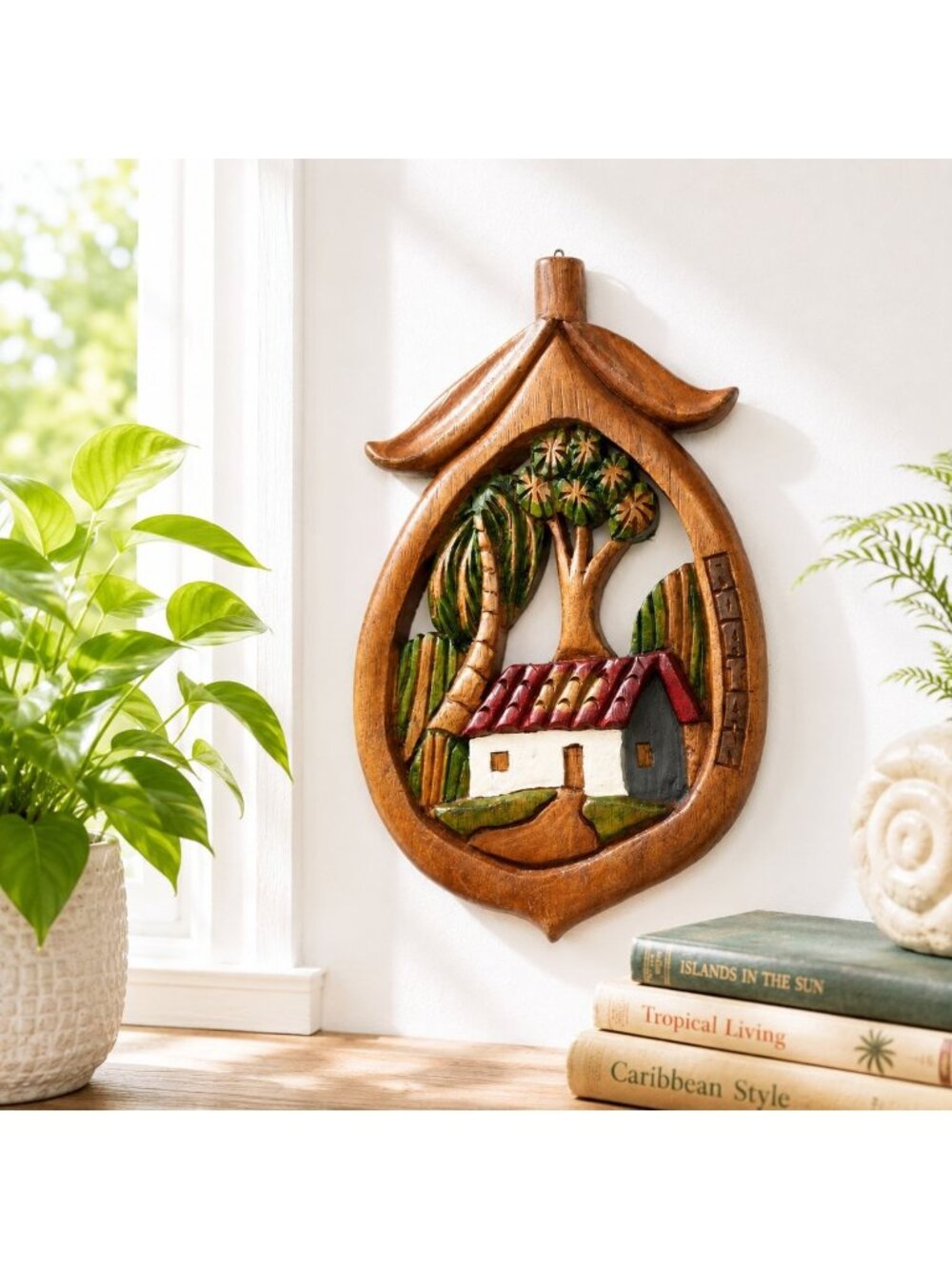 Hand-Carved Wooden Wall Art Of Roatan Island Village Scene 9"x6" Rustic Decor